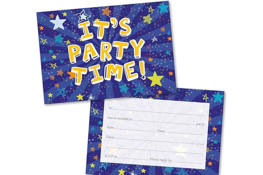 Party Invitations Pack of 36. Blue Starburst Themed Invitation with Matching envelopes. 120 x 172mm. Party Invites, Birthday Party Invitations. Suitable for All Ages.
