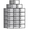 SONGMICS Shoe Boxes, Pack of 18 Stackable Shoe Storage Organisers, Foldable and Versatile for Sneakers, Fit up to UK Size 11, Transparent and Black LSP18SBKV1