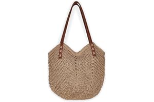 Woodland Leathers Women's Straw Shoulder Bag, Medium & Large Summer Beach Tote with Zipper, Durable Leather Handles, Women Holiday Shoulder Bag with Versatile Styles and Colours