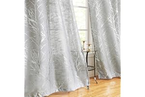 Fmfunctex Grey Silver Semi Sheer Curtains for Bedroom 54 Drop Voile Curtain for Living Room Branch Foil Eyelet Linen Textured Light Filtering Window Curtain Drapes for Dining Room 2 Panels