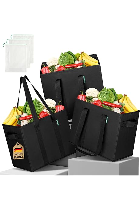 Lot De 2 Sacs De Courses Pliables Trendecor - 38x35x25 Cm - Noir - Poignées Renforcées