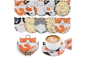WuGU 10 Pezzi Sottobicchieri Diamante Con Supporto, Arte Pittura a Diamante per Bambini - Set Con Gatto