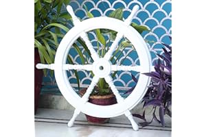Decorazione, timone nautico realizzato artigianalmente in legno, di Nagina International, Legno, Whitewashed, 76.20 cm