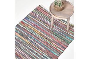 HOMESCAPES - 100% Recycled Cotton Chindi Rug - 120 x 180 cm - 4 ft x 6 ft - Multi Coloured Stripes on White Base