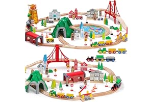 SainSmart Jr. 112-częściowy drewniany zestaw kolejowy dla malucha – dwustronne tory kolejowe, kompatybilne z Brio, Thomas, Melissa i Doug – idealna drewniana zabawka dla chłopców i dziewcząt