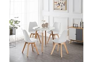 Life Interiors Small Dining Table Set for 4-80cm Round Dining Table & Dining Room Chairs Set of 4 with Cushions - PU Padded Seat w/Solid Wood Legs - Modern Round Dining Set – White Table