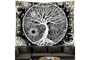 BOZILY Tapisserie Wandbehang, Schwarz und Weiß Baum des Lebens Wandteppiche Mondphasen Tapestry für Wohnzimmer Tagesdecke Zimmer Schlafzimmer(L/150x200cm)