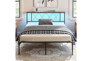 IRONCK Double Bed Frame, Headboard with Charging Station/LED Lights, 4ft6 Metal Bed Frame with Storage, Solid and Stable, Noise Free, No Box Spring Required, Easy Assembly