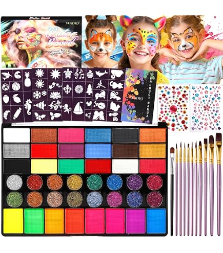 Face Body Paint,Set di Trucchi per il Viso per Bambini,26 Colori Face Painting, Pittura Corpo con Stampini e 3 Pennelli per Feste di Compleanno, Cosplay, Halloween e Natale (Stile 1