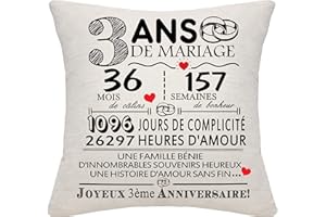 BOMMEX Cadeau 3 Ans de Mariage 3ème Anniversaire de Mariage Housse de Coussin Souvenir Décoration Cadeau pour Couples Parents Femmes Hommes Maman Papa Mari Femme Tante Oncle Amis(3e Anniversaire)