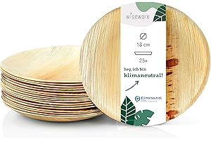 WISEFOOD Wiseware Talerze z liści palmowych – 25 sztuk talerzy jednorazowych okrągłych Ø 18 cm – biodegradowalne naczynia z liści palmowych – naczynia imprezowe z możliwością kompostowania – ekologiczne