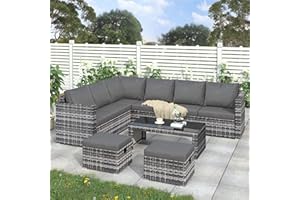 LTGB Garden Corner Sofa Set, Lounge Rattan Garden Furniture, 8 Seater Rattan Sofa Outdoor Furniture with Coffee table 2 Stools 【UK Fast Delivery】