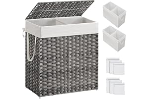 SONGMICS Laundry Basket with Lid, 110L Washing Basket 2 Compartments, Removable Liners with Handles, Handwoven Synthetic Rattan, for Bedroom, Bathroom, Laundry Room, 33 x 57 x 60 cm, Grey LCB52WG