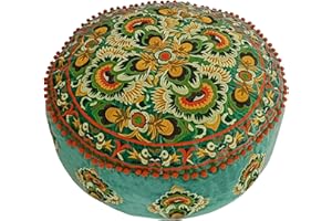 ‎MANDALA LIFE ART Grüner runder Pouf Ottomane Bezug mit Samtstickerei – weicher, bestickter Bodenkissen mit marokkanischem Design, 60cm Durchmesser, ideal für Wohnzimmer, Schlafzimmer oder Meditationsraum