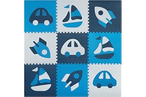 Ricokids Mata Piankowa - Mata Puzzle do Zabawy - dla Niemowląt i Dzieci - 9 Elementów - 60 x 60 cm Niebiesko-szary - Środki Transportu