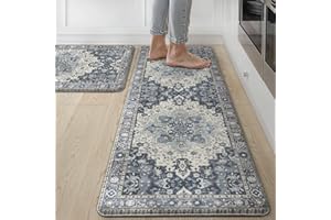 sarben 2 Piece Kitchen Mat Anti Fatigue Standing Mat 43x119cm+43x76cm – Non Slip Rug Kitchen Floor Mat Boho, Runner Rug Soft PVC Leather Cushioned Mat Waterproof & Oil-Resistant,Navy Blue