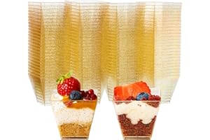 MATANA 100 Vasitos de Postre Individuales de Plástico Reutilizables con Brillo Dorado, 60ml - Cuencos para Aperitivos, Mini Vasos para Postres - Catering, Fiestas, Bodas