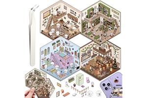 Draupnir 4 Set DIY 3D Adesivi di Scena, Divertenti DIY Scene Adesivi, Crea la Tua Café, Bar, Libreria, Panetteria, Adesivi 3D Adorabili Kit Casa in Miniatura con 1 Pinzetta per Stress Sollievo