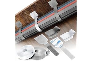 TAPSI Under-Desk Cable Management Kit – 40PCS Self-Adhesive Hook and Loop Ties with 2 Rolls Extension Straps – Made with 3M Tape – Sticky-Back Wire Organiser for Home & Office (White, Grey)