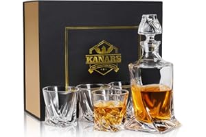 KANARS Vasos y Jarra de Whisky, 800 ml Decantador y 4× 300 ml Copas para Martini, Scotch, Coñac, Bourbon, Exquisita Caja de Regalo, Juego de 5 Piezas