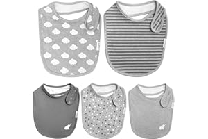 Budding Bear Unisex 5 x Bavaglini Neonato Cotone Biologico 100% - Bavette Assorbenti Bambino - Bavaglino Grigio Unisex con 4 Bottoni a Scatto Senza Nichel Regolabili - Da 0 a 36 Mesi
