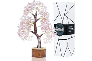 Zaicus Rose Quartz Gemstone Tree Stone Tree Crystal Tree of Life Prosperity Stones Tree Money Bonsai Tree Feng Shui Tree Handmade Gift for Home Office Decorations Ornament Golden Wire 10-12 Inch