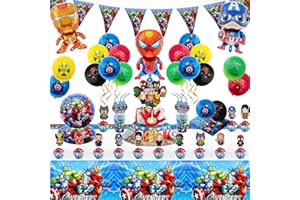 WIRHAUT 88 Stück Superhelden Geburtstagsdeko Partygeschirr Set Geburtstag Deko, Avengers Party Dekoration Supplies Gehören Tortendeko Teller Tasse Tischdecke Servietten Ballons Pull Flag Kindergeburtstag