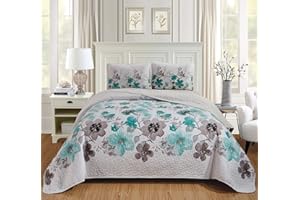 Kids Zone Home Linen Turquoise Lily 3pc King/Cal King Over Size Bedspread with Beautiful Turquoise Flowers Print.