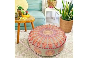 ‎MANDALA LIFE ART Mandala Life ART Bodenkissen Groß Mit Ponpon Boho Chic Rosa Bodenhocker Rund Sitzkissen Hoch Runder Hocker Pouf Hoch Boho Osmanische Deko 100% Baumwolle Ungefüllt 60X20Cm