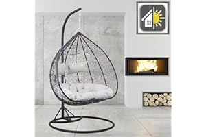 GOODS EMPORIUM Premium Hanging Double Egg Chair Outdoor Garden Swing Chair Hammock Chair with Cushions - RAIN COVER INCLUDED (Double, Black - Black - Grey)