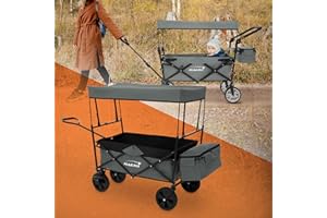 Hauki Bollerwagen L faltbar mit Dach, Grau, Handwagen klappbar, Transportwagen für Kinder, Gerätewagen inkl. 2X Netztaschen und 1x Außentasche, Vorderrad-Bremse, bis 80 kg, Transportkarre Kinderwagen