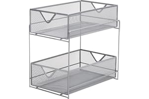 Mind Reader CABASK2T-SIL Network Collection - Cesta deslizante de 2 niveles, cocina, escritorio, maquillaje, organizador de gabinete, malla metálica, color plateado