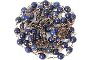 Nazareth Store Vintage Design Rosary Natural Lapis Lazuli Stone Beads 8mm Necklace Holy Soil Medal & Cross Crucifix Religious Rosaries Terra Santa Jerusalem Collection