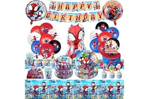 DEREINE Spiderman Geburtstagsdeko, Spidey Partygeschirr Kindergeburtstag 95-teiliges Spiderman Deko Geburtstag - Pappteller, Tischdecke, Servietten, Pappbecher, Banner, Tortendeko, Luftballons, Folienballon