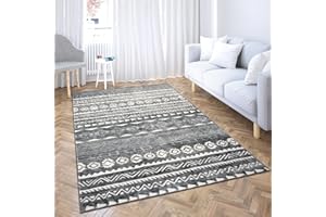 Comart, Tappeto Shedir Arredo, a Pelo Corto, Morbido, per Salotto, Camera da Letto, Design Moderno e Elegante, Arredamento Classico e Contemporaneo, Stampato, Grigio e Bianco 115x180 cm