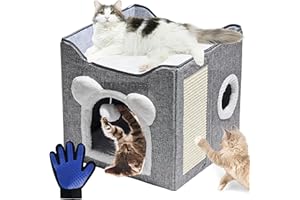 cometrade Katzenhöhle, Katzenhaus, faltbar, mit Terrasse, flauschigem Spielball und Kratzbrett inkl. Fellpflegehandschuh für Katze & Hund (39 x 39 x 39 cm hellgrau)