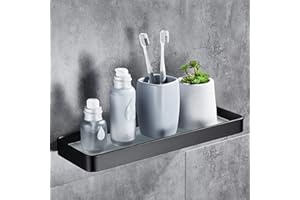 DUFU Estanteria Ducha Autoadhesivo Estanteria Baño Sin Taladro Organizador de Almacenamiento Antioxidante Sin Daños Rectangular de Vidrio Templado Aluminio Espacial Accesorios de Baño 30cm Negro