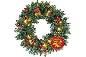 Klass Home Collection 45cm/18inch Large Christmas Wreath for Front Door with Lights, 35 Warm LEDs, Pine Cones & Berries, Ideal Christmas Door Decorations, Xmas Wreath Garland For Indoor & Outdoor