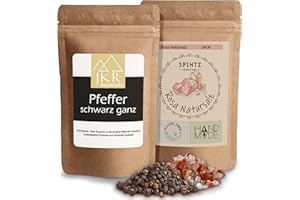 ‎JKR SPICES JKR Spices® 250g Schwarzer Pfeffer ganz + SPINTZ 500g Rosa Natursalz grob - Kombi Angebot | ganze Pfeffer Körner + Grobes Salz für Pfeffermühle | 100% natürliche Pfefferkörner und Kristallsalz