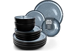 PURE LIVING INTERIOR DESIGN Juego de Vajilla de Steingut Ibiza para 12 Personas - 36 Piezas, Set de Vajilla para Lavavajillas y Microondas - Moderno Juego de Platos - Servicio de Pure Living en azul humo