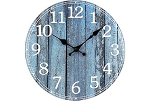 Plumeet Wall Clock, 12'' Frameless Wooden Wall Clocks with Silent Quartz Movement, Rustic Coastal Country Village Clock Decorative for Kitchen Bedroom Living Room, Blue