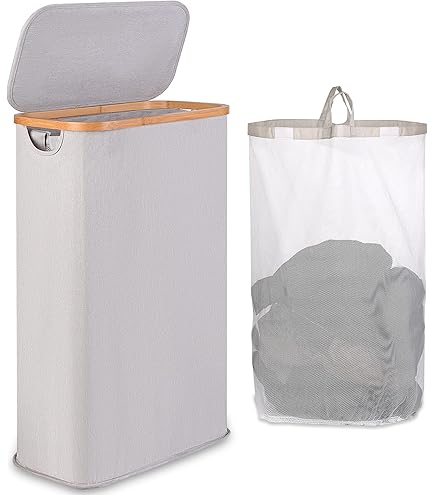 Cesta Portabiancheria 2 Scomparti 89L - Grigio Con Maniglie E Struttura Alluminio - Foto 3