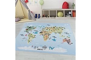 TEPPIUM Tappeto per bambini con mappa del mondo e animali, lavabile, adatto per ragazzi e ragazze, per cameretta dei bambini, stanza dei giochi Misurare: 120 x 170 cm Colore: Blu-3