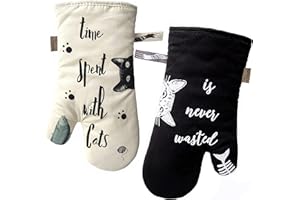 GREVY Gants de Cuisine Gants de Four Anti Chaleur Manique et Gant pour Cuisiner, Barbecue, Cuisson, Ivoire et Noir, Cat et Chat Noir, Amoureux des Chats