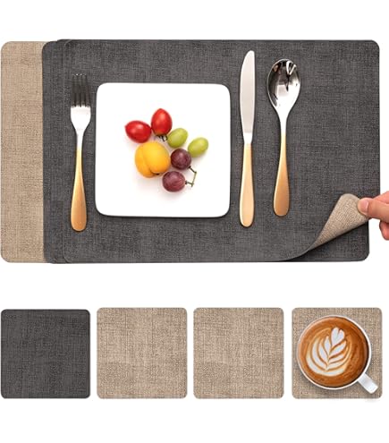 HELI MIAO Set van 6 placemats van imitatieleer, afwasbaar en waterdicht, placemats lederlook met onderzetters, dubbelzijdig antislip (vierkant, bruin