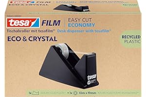 tesafilm eco & crystal Klebeband - transparenter Klebefilm aus wiederverwertetem PET-Material - reißfest, mit starker Klebkraft - Set mit robustem Tischabroller - 1 Rolle á 10 m x 19 mm