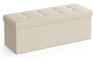 SONGMICS MAZIE Colección - Puff Almacenaje, Banco Plegable, 38 x 110 x 38 cm, Taburete Reposapiés, Pie de Cama, Soporta hasta 300 kg, para Sala de Estar, Dormitorio, Entrada, Blanco Crema LSF77BE