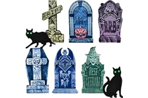 HWTONG Juego de 8 Piezas lapida Halloween,2 Gato Negro de Halloween con Ojos Brillantes,lapidas Halloween 38 cm,para Halloween, Jardín,Patio,Fiestas
