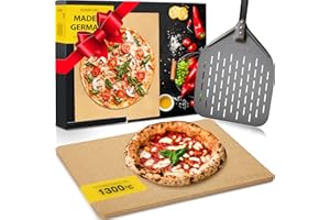 ‎AMZBBQ AMZBBQ® Premium Pizzastein - 100% Made in Germany - für Backofen & Gasgrill bis 1300°C - 3er Set mit perforiertem Pizzaschieber aus Harteloxal