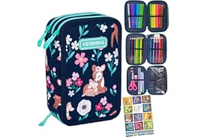 Goldkids - Federmäppchen 3 Fächer - Mäppchen für Mädchen - Federmappe 3-Fach Federtasche Gefüllte Schüleretui 46-teilig - Schulmäppchen und Hausaufgabenheft - Deer Motiv